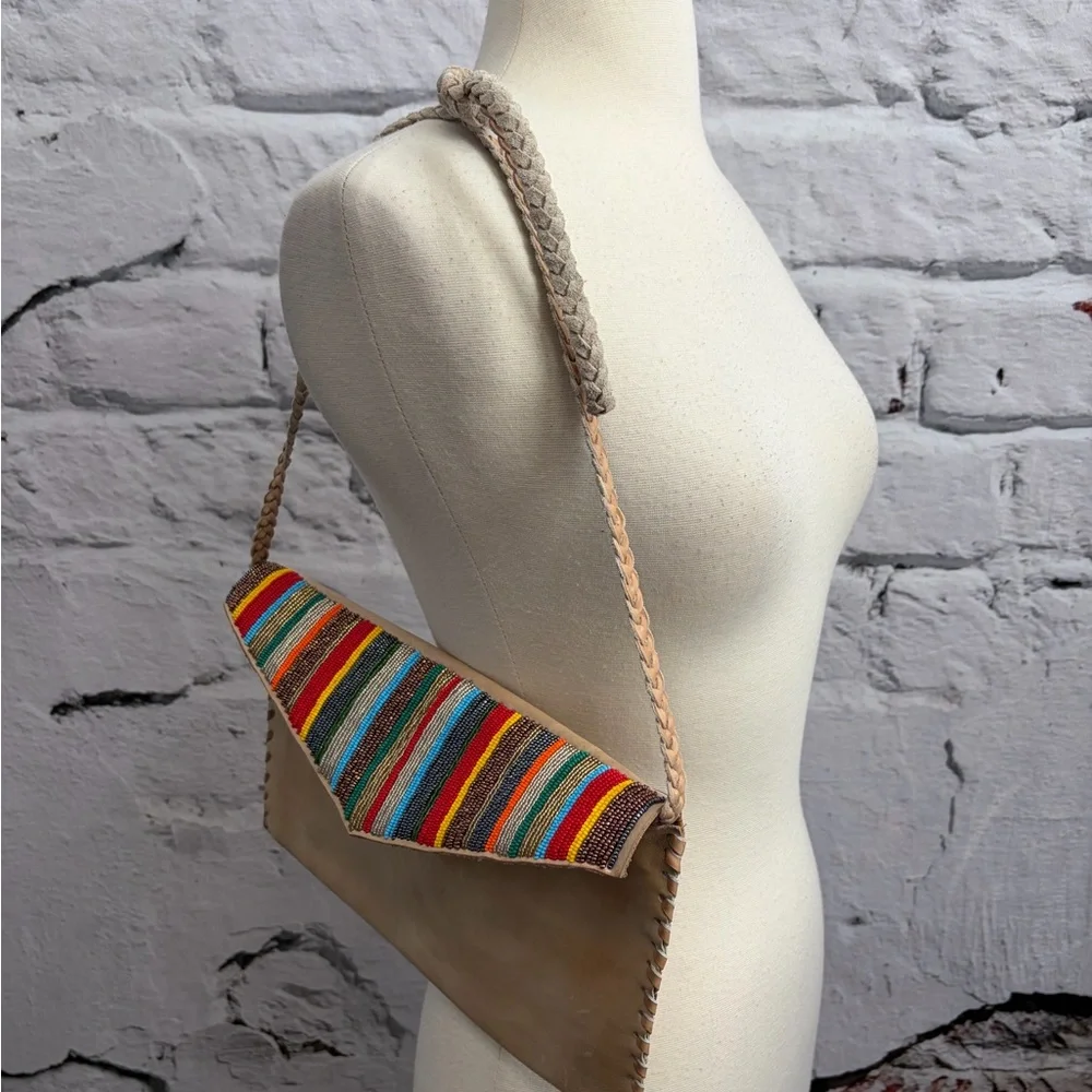Handmade No Sew Leather Multicolor Beaded Striped Tribal Neutral Crossbody Bag‎